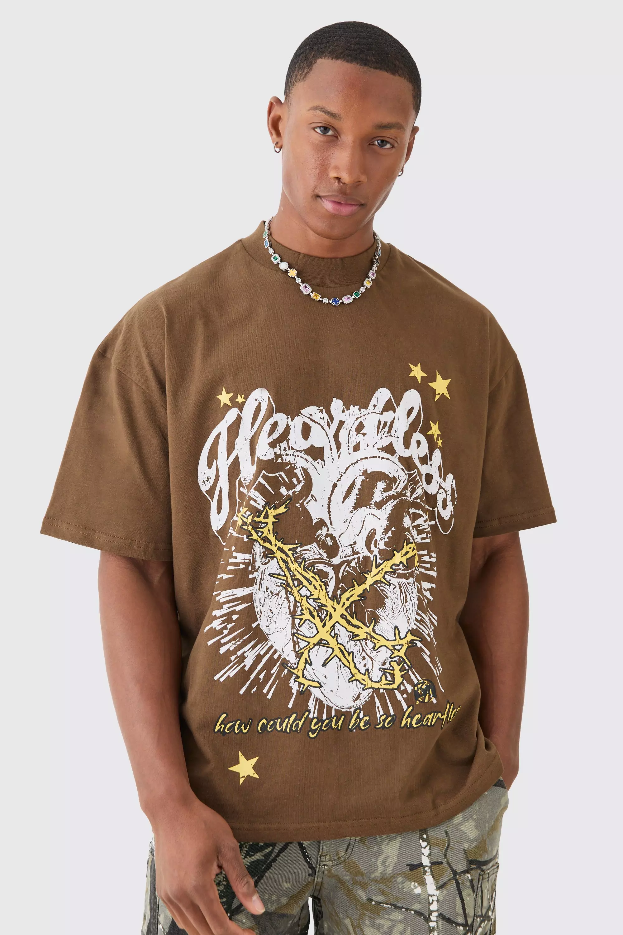 Oversized Extended Neck Graphic Heavy T-shirt Brown
