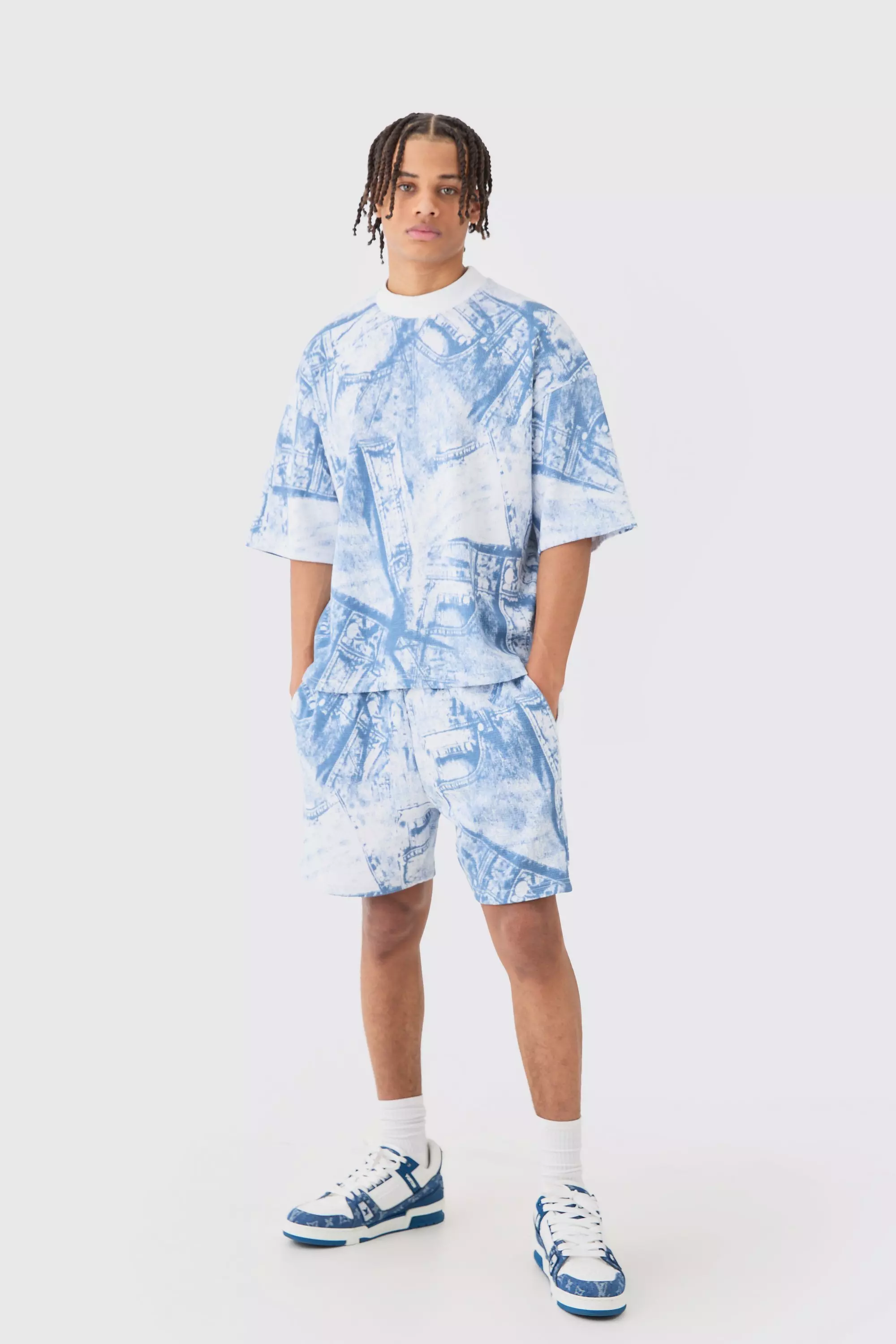 Oversized Boxy Printed Denim Waffle T-shirt & Shorts Blue