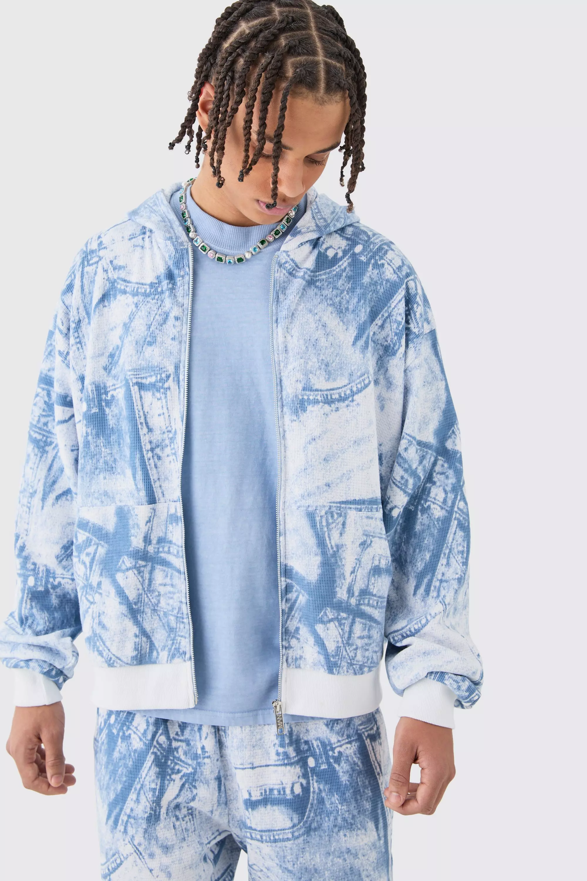 Boxy Zip Through Printed Heavyweight Waffle Hoodie Blue