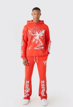 Regular Fit Large Graphic Raw Hem Flared Tracksuit Red
