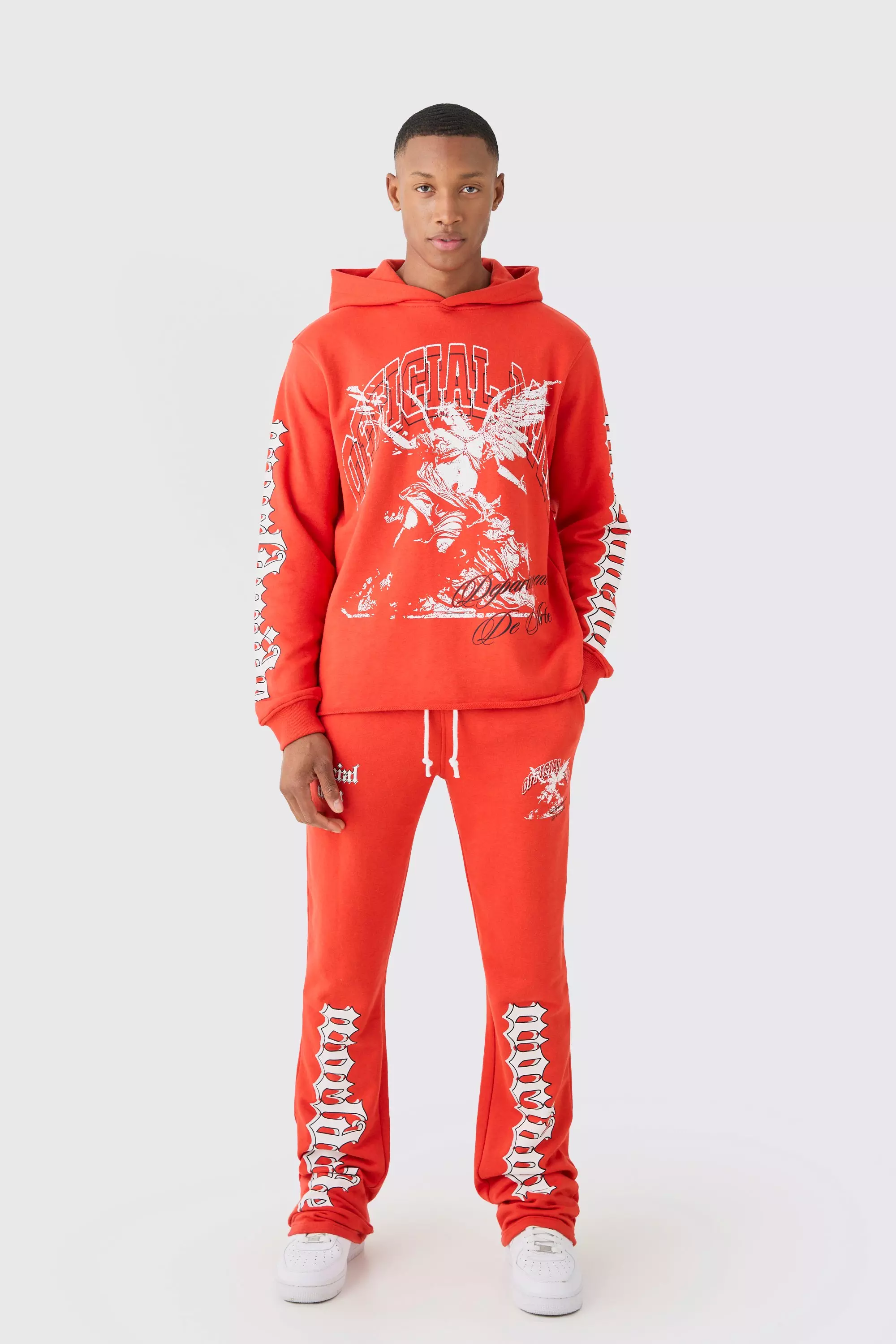 Regular Fit Large Graphic Raw Hem Flared Tracksuit boohooMAN USA