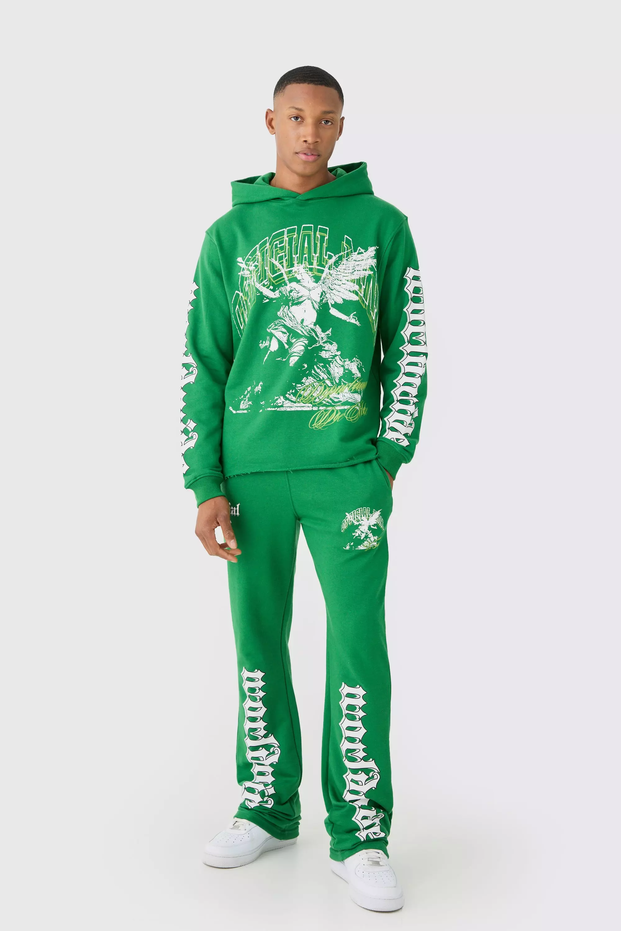 Green Regular Fit Large Graphic Raw Hem Flared Tracksuit