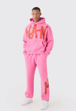 Oversized Man Graphic Hooded Tracksuit Pink