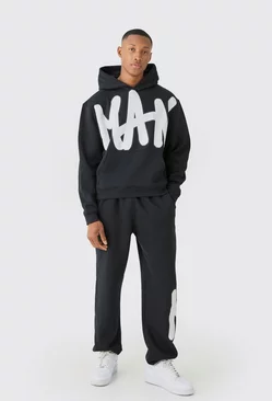 Black Oversized Man Graphic Hooded Tracksuit