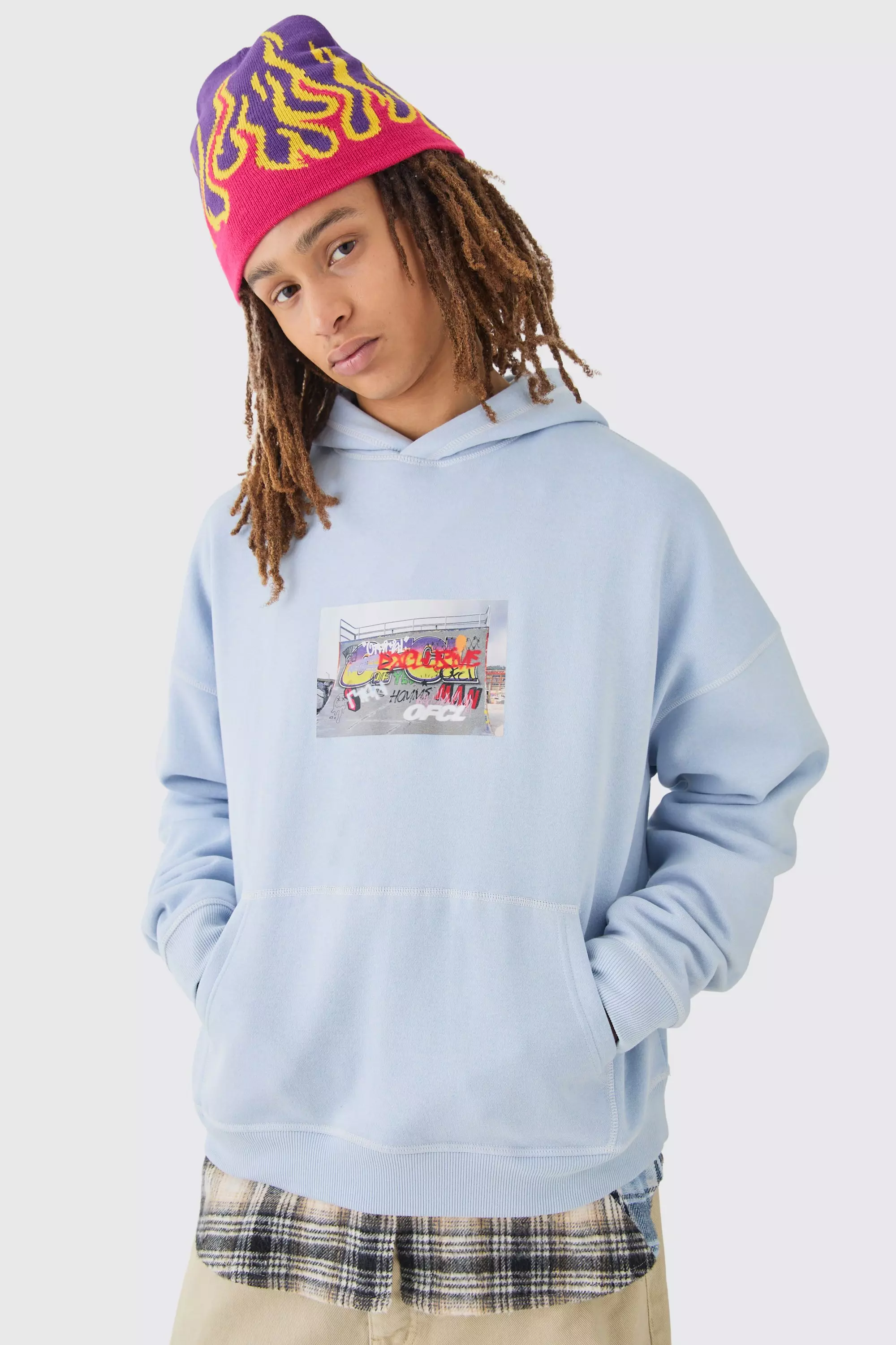 Oversized Boxy Plush Drop Shoulder Printed Hoodie Blue