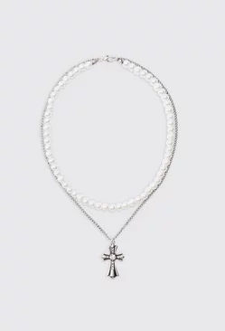 Pearl & Chain Necklace With Cross Pendant In Silver Silver