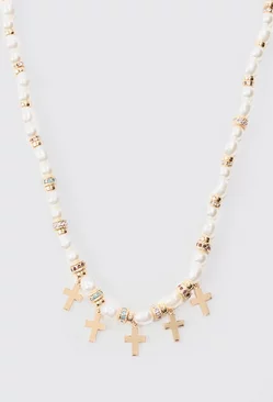 Pearl Bead Necklace With Cross Charms In Gold Gold