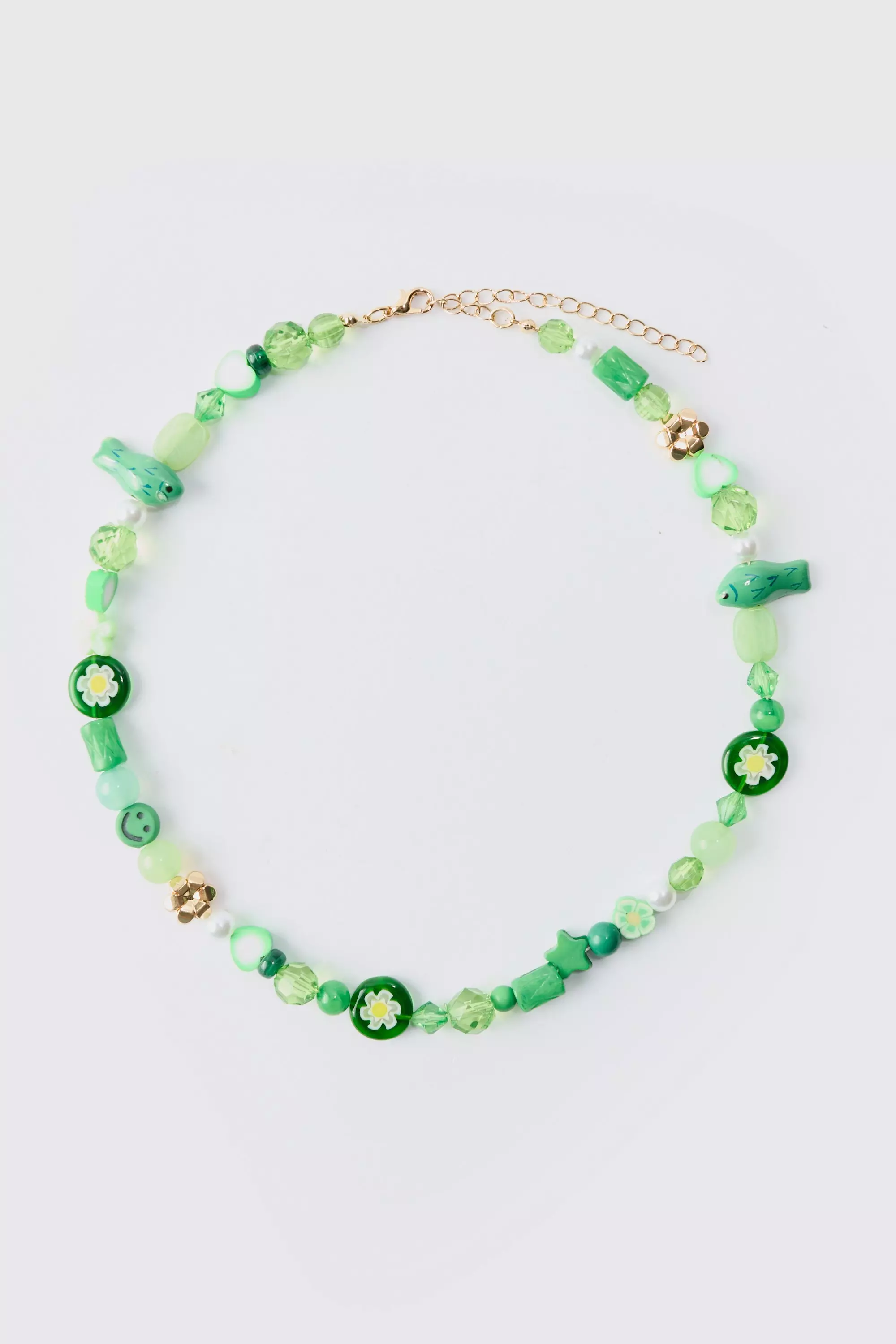 Mixed Beaded Necklace In Green Gold