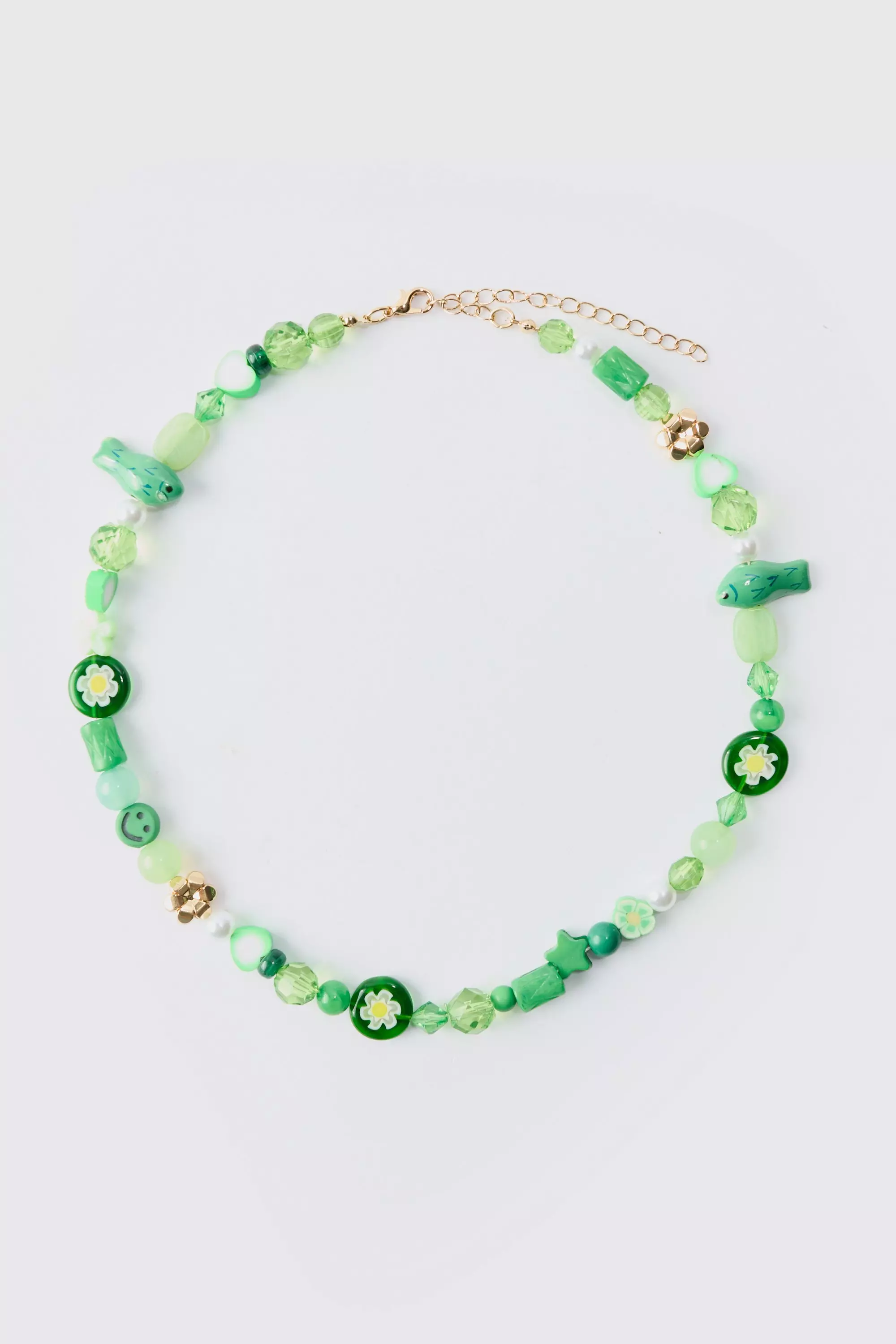 Gold Metallic Mixed Beaded Necklace In Green