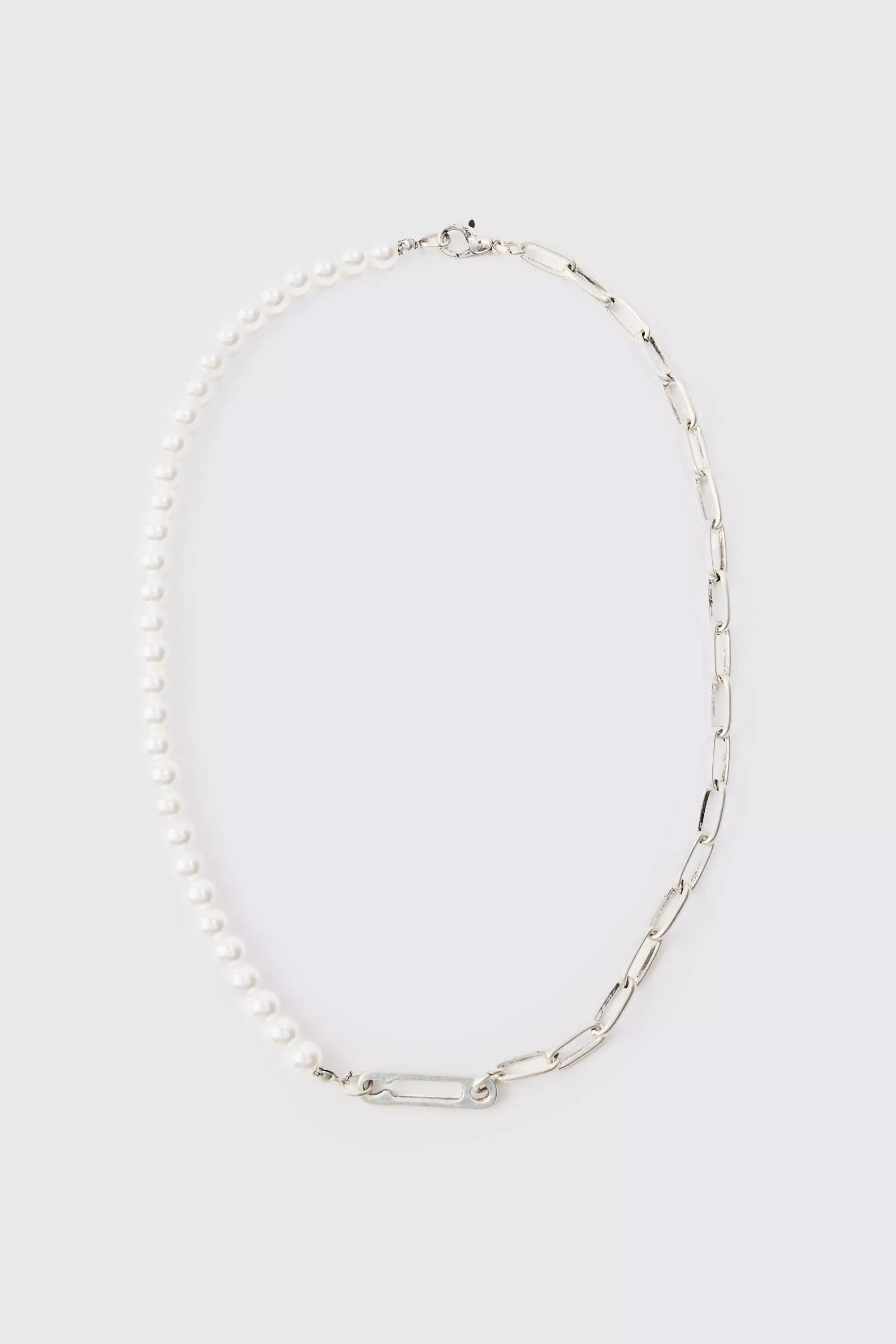 Silver Pearl & Chain Necklace In Silver