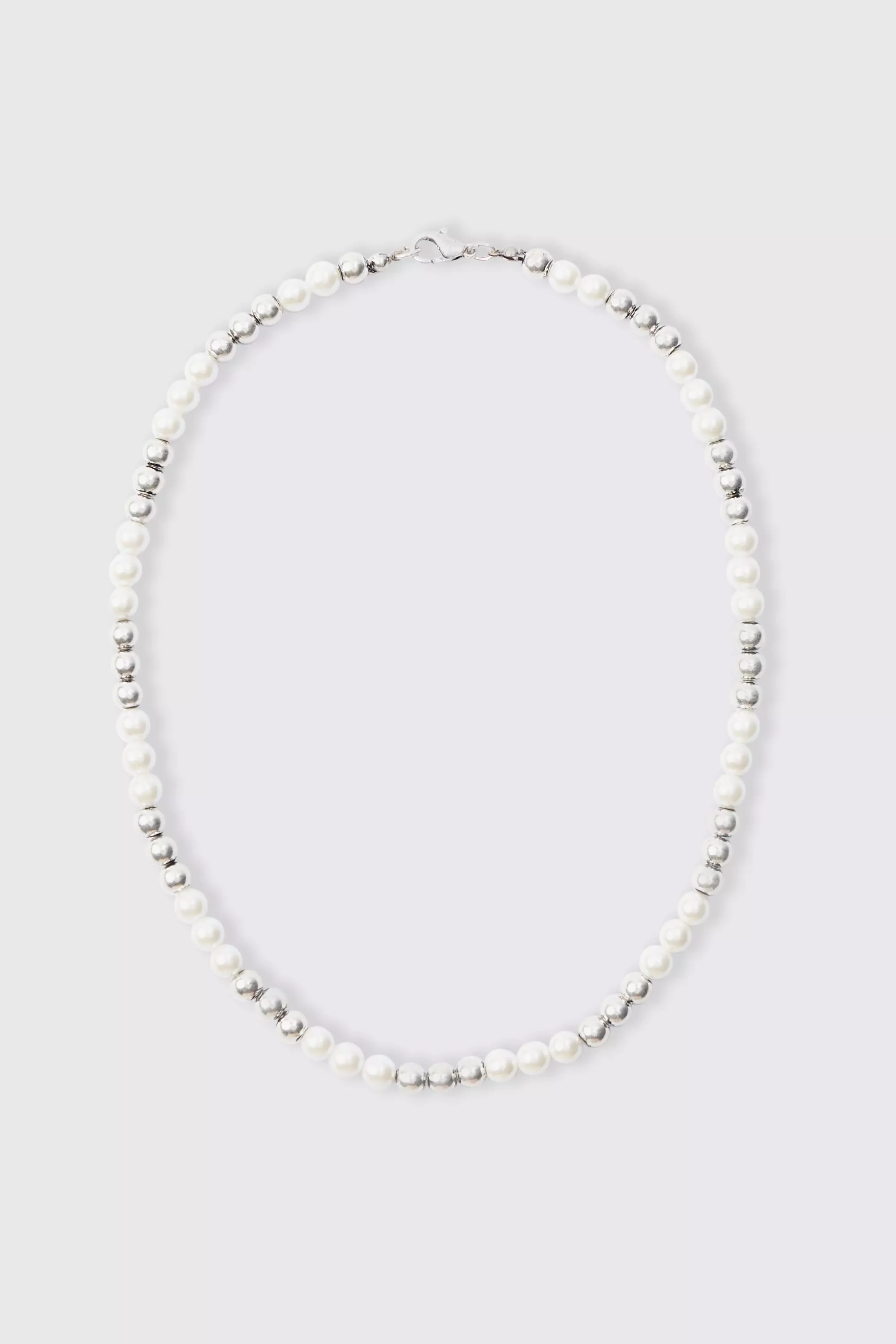 Silver Metal Bead And Pearl Necklace