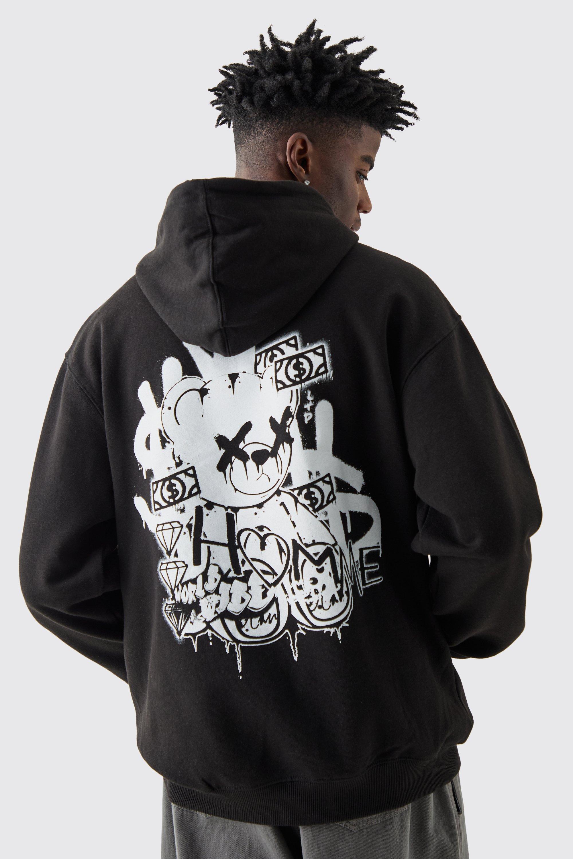 Oversized Teddy Graffiti Graphic Hoodie | boohooMAN USA