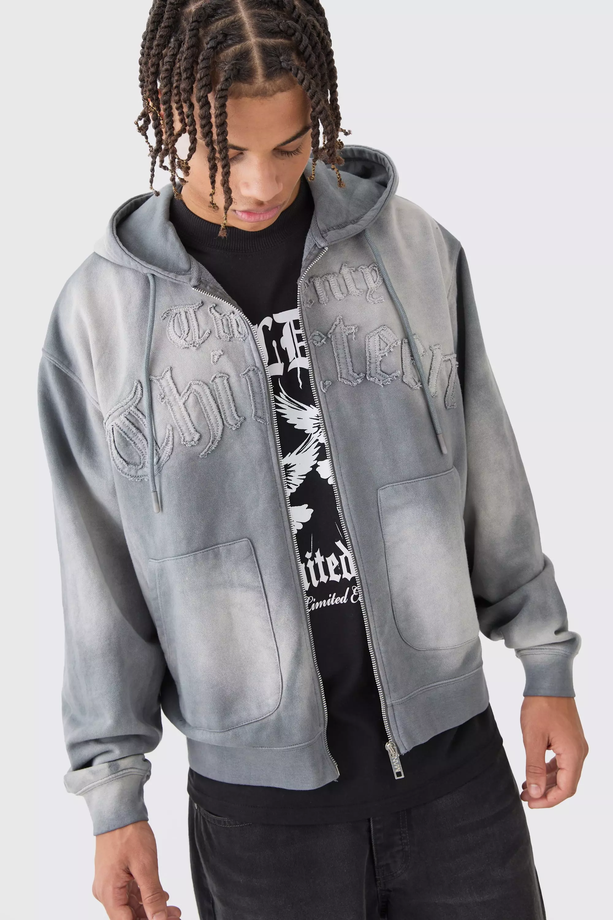 Charcoal Grey Oversized Sun Bleached 13 Zip Thru Hoodie