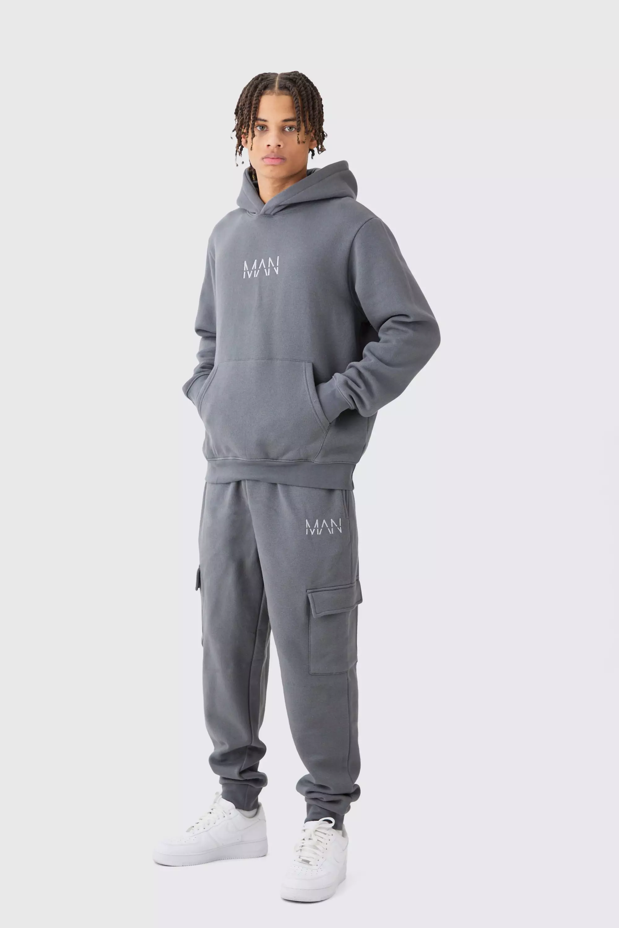 Charcoal Grey Man Hooded Cargo Tracksuit