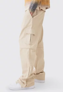 Fixed Waist Twill Popper Hem Zip Off Relaxed Cargo Trousers Sand