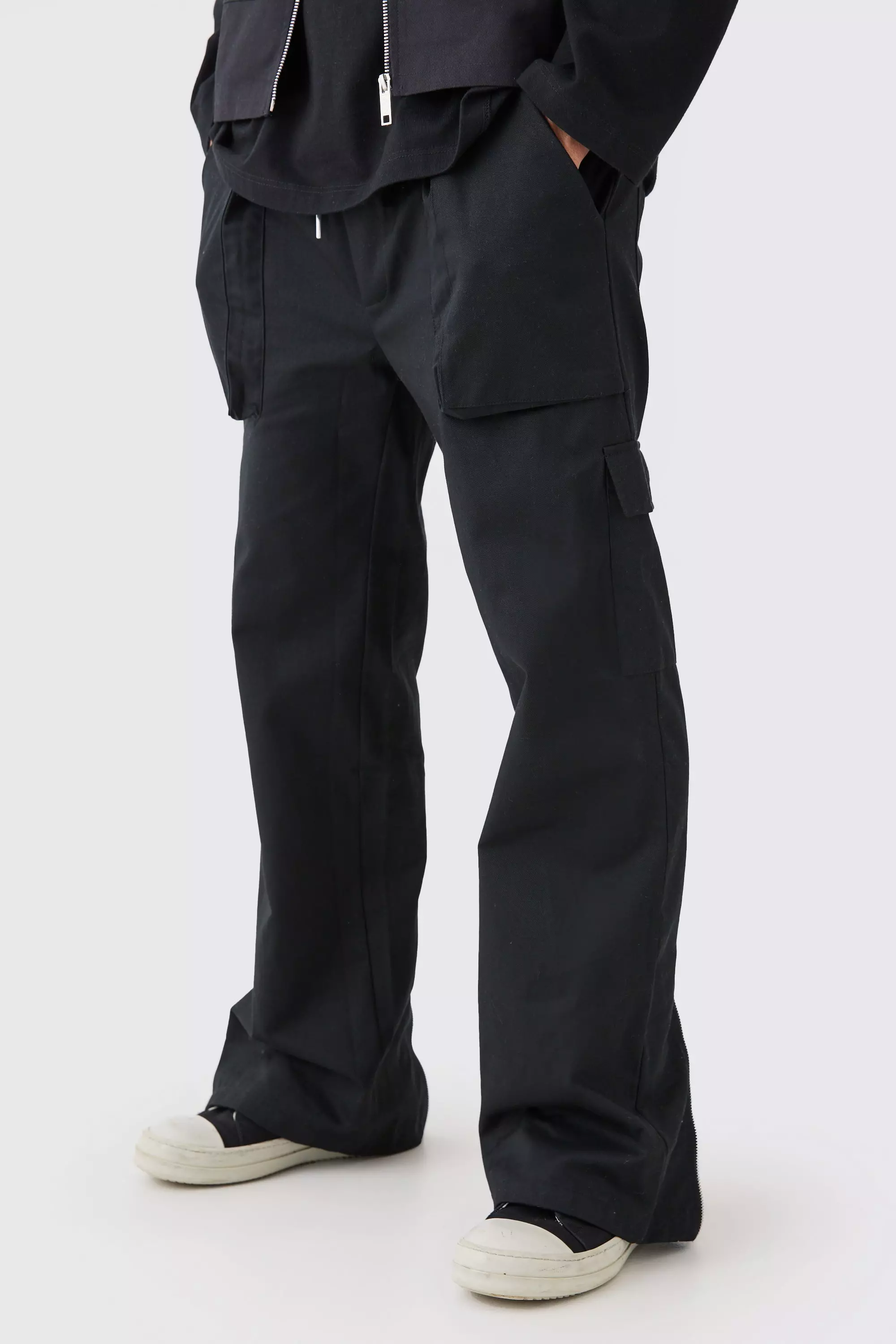 Elastic Waist Zip Hem Flared Parachute Cargo Trousers Black