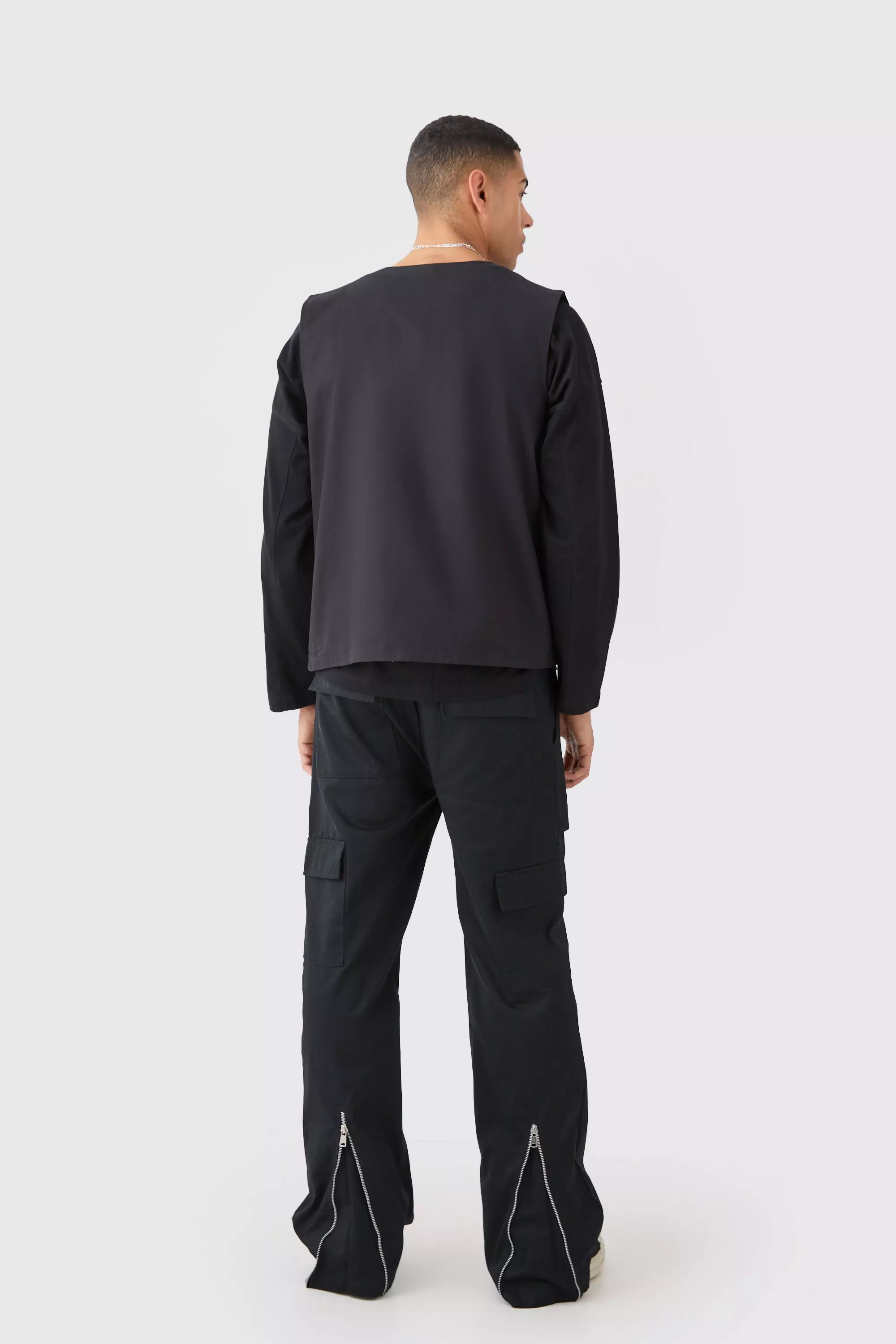 Elasticated Waist Zip Hem Flared Cargo Trousers | boohooMAN USA