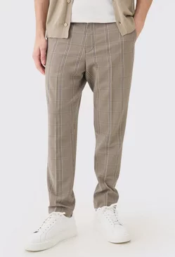 Stretch Textured Check Tailored Trousers Brown
