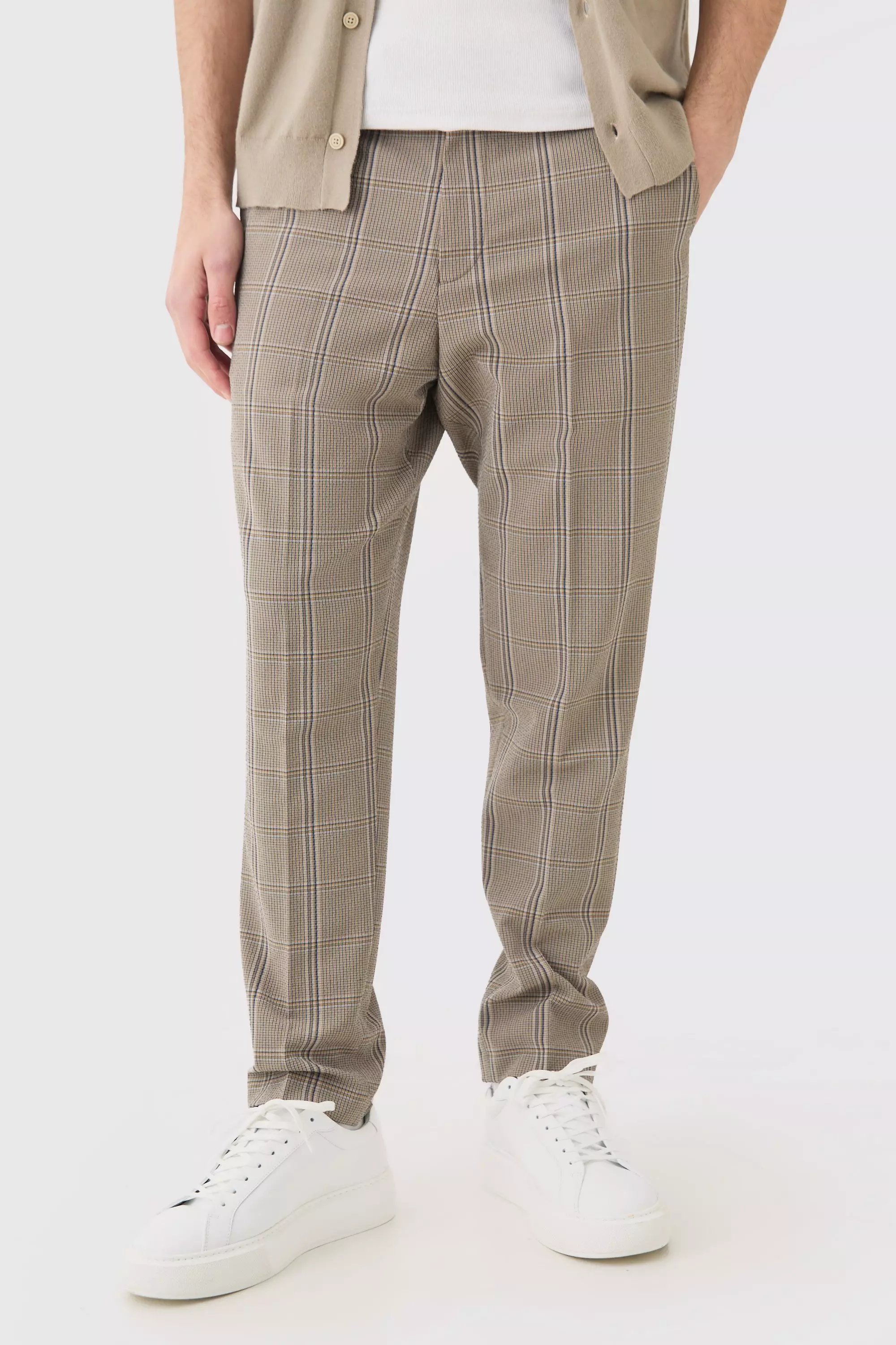 Stretch Textured Check Tailored Trousers Brown