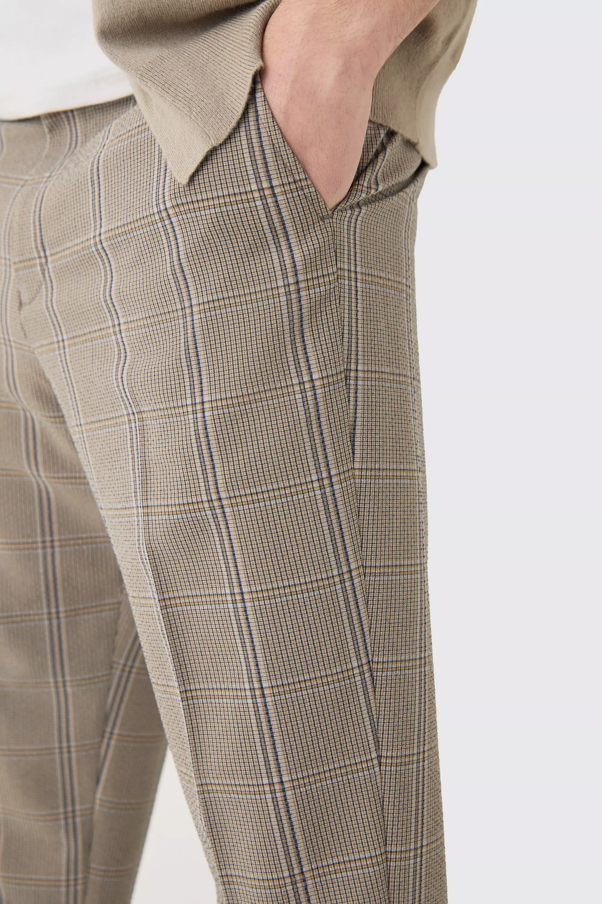 Brown Stretch Textured Check Tailored Trousers alternative image