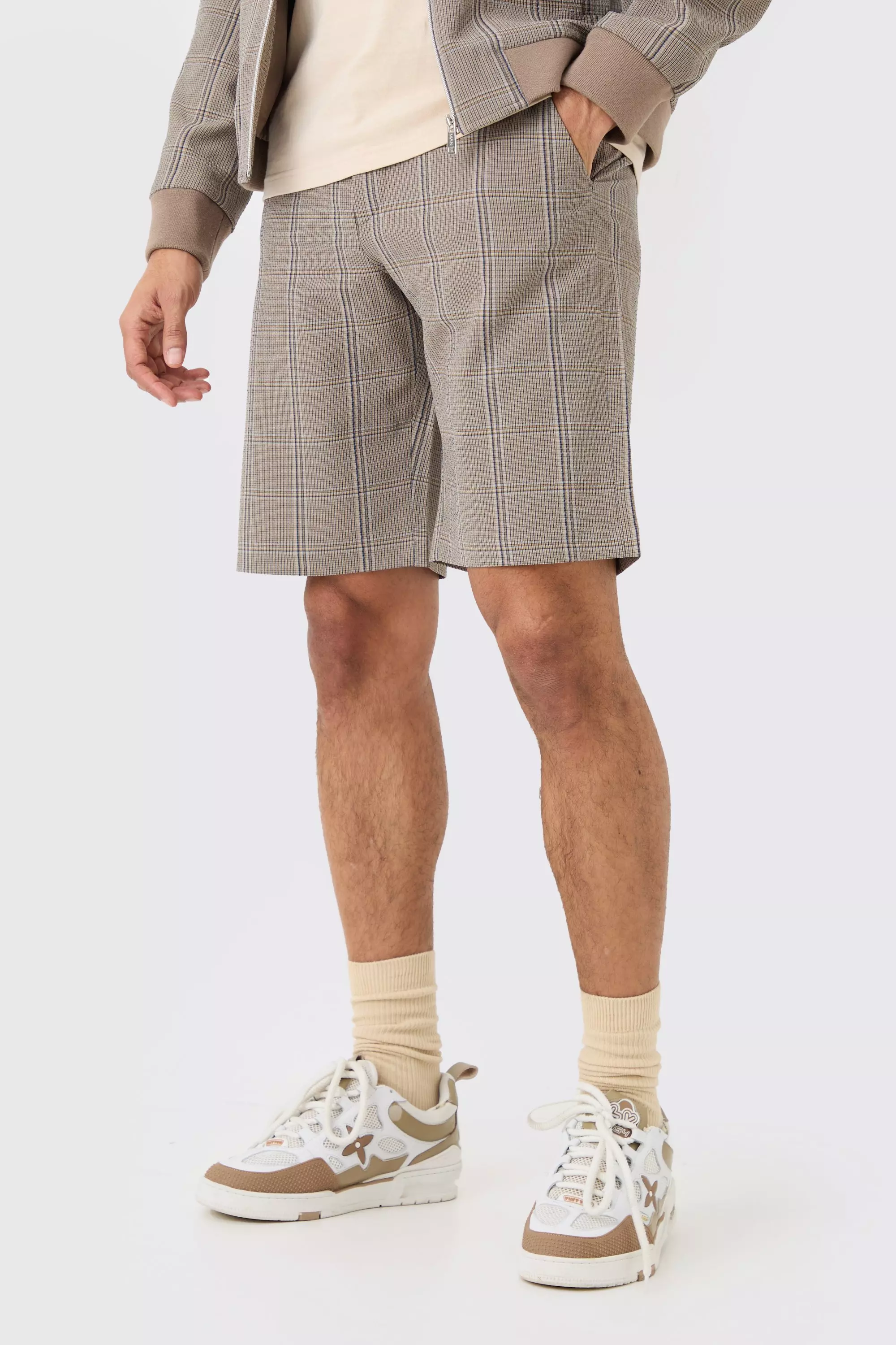 Brown Stretch Textured Check Drawcord Shorts