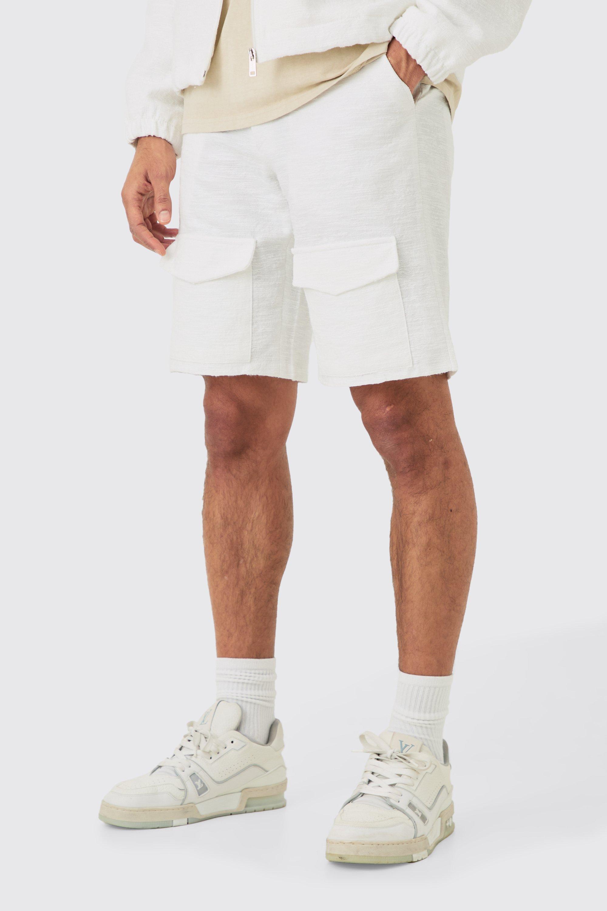 White Textured Jacquard Fixed Waist Smart Cargo Shorts