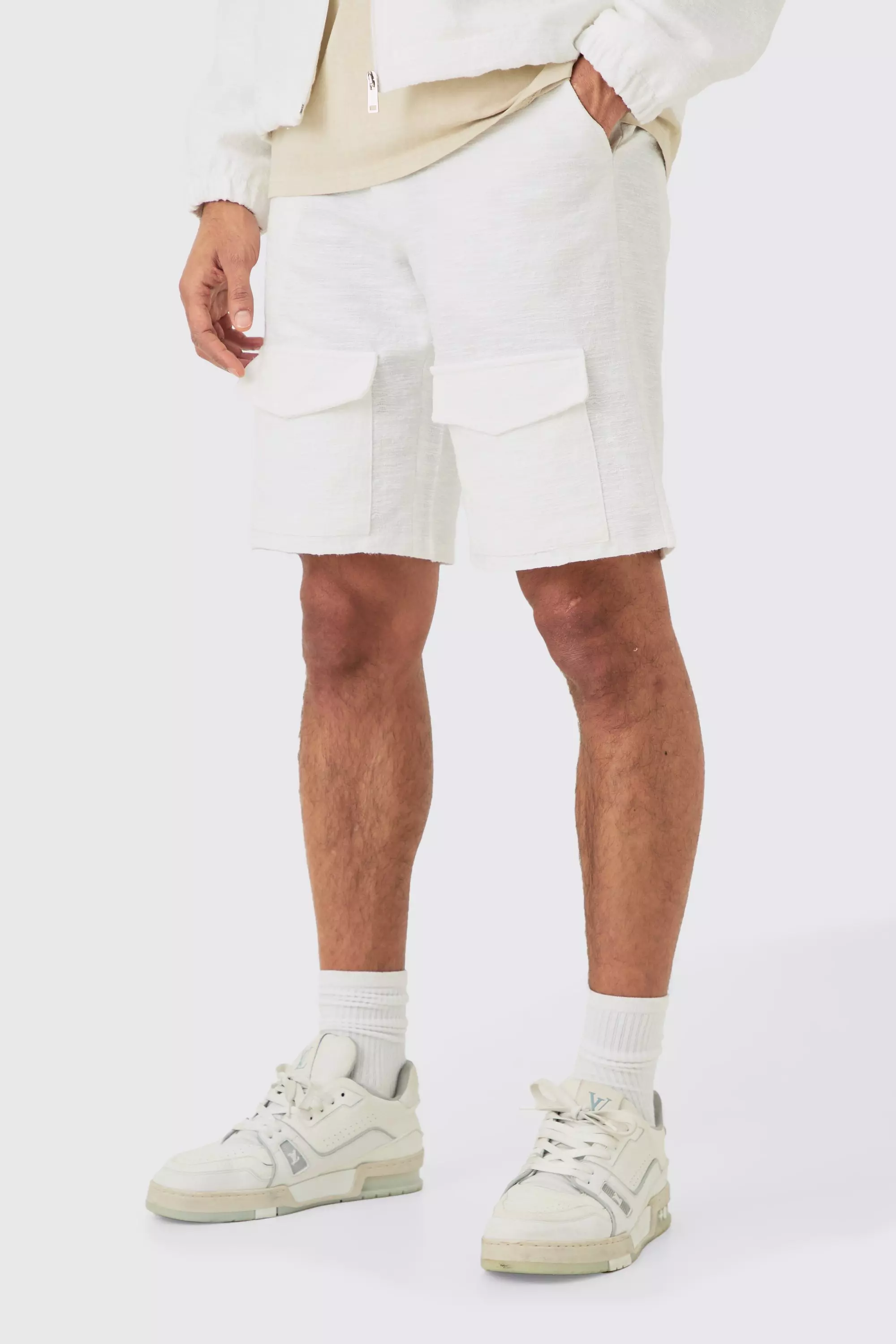 Textured Cotton Jacquard Smart Cargo Shorts White