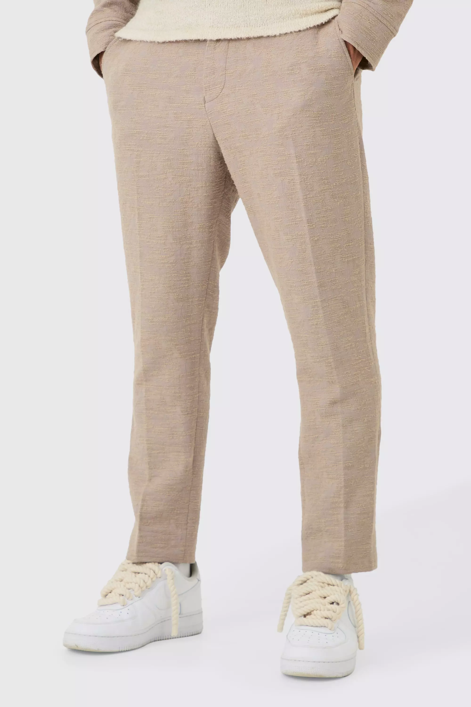 Textured Jacquard Fixed Waist Smart Tapered Trousers Taupe