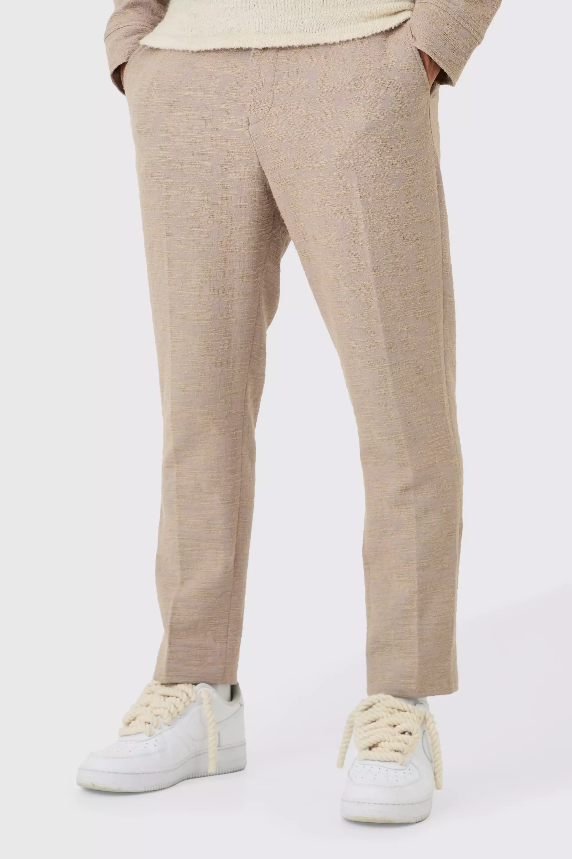 Taupe Beige Textured Cotton Jacquard Smart Tapered Trousers