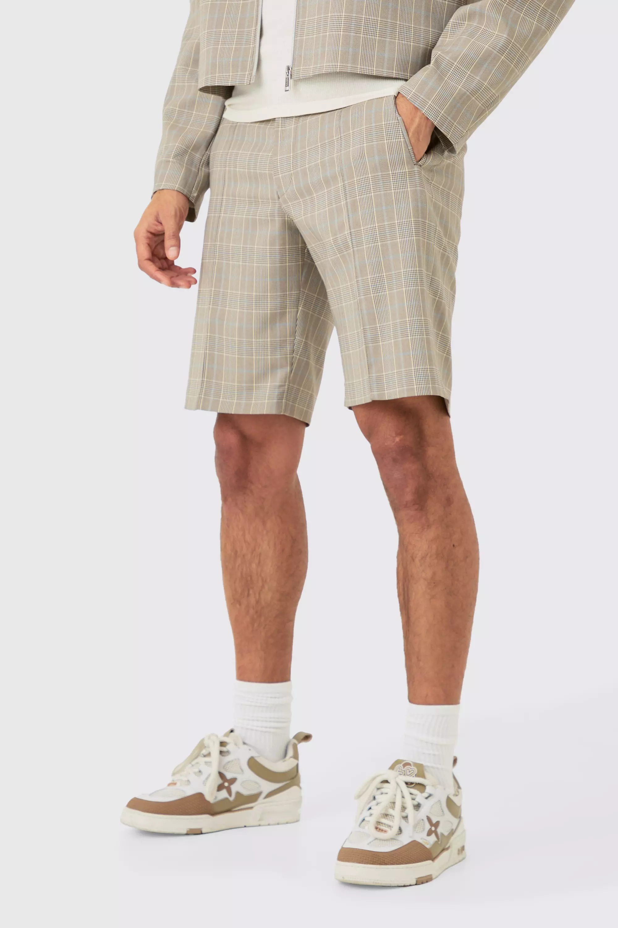 Stone Beige Check Regular Fit Tailored Shorts