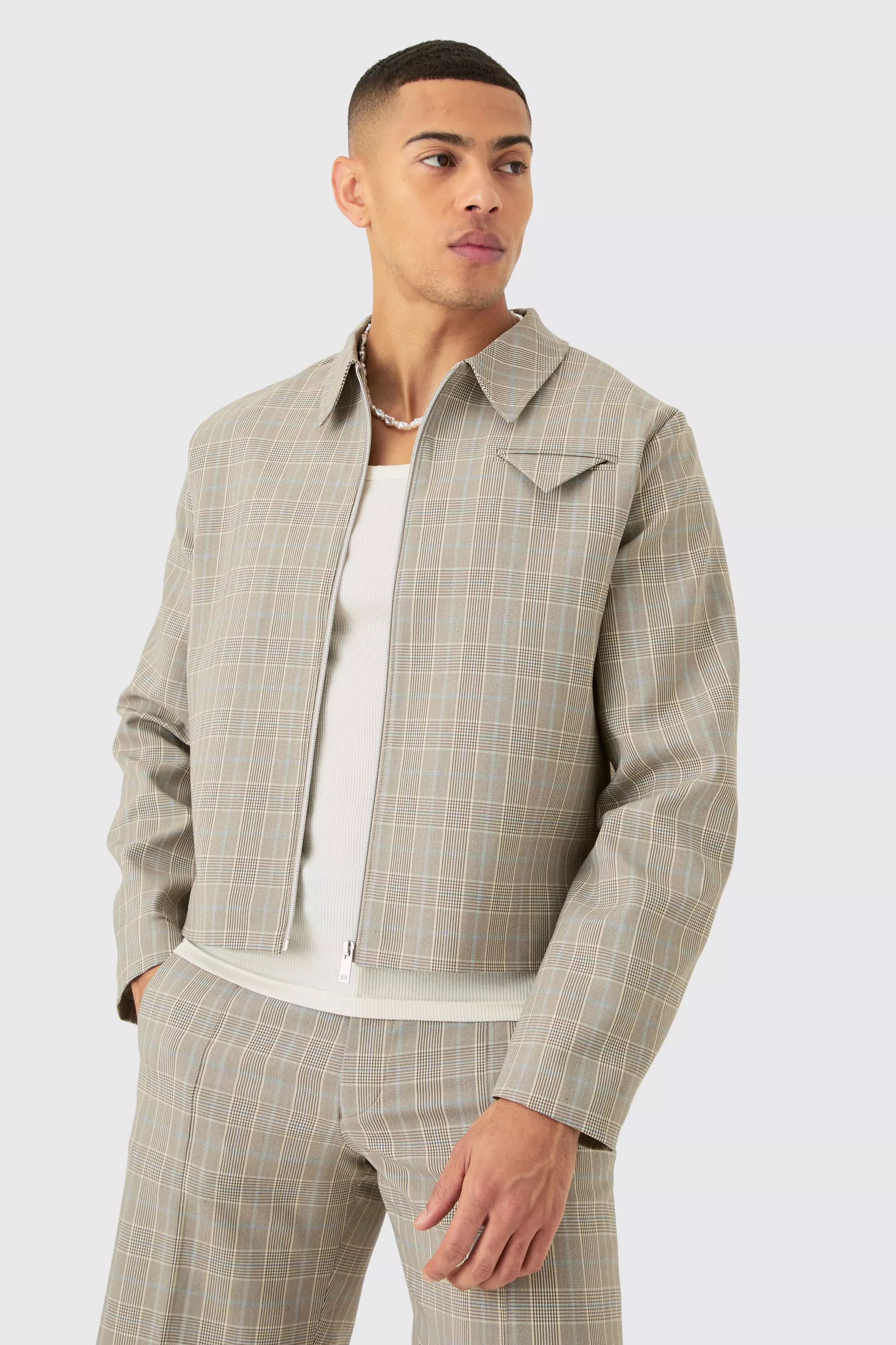 Plaid Zip Up Boxy Smart Jacket Stone