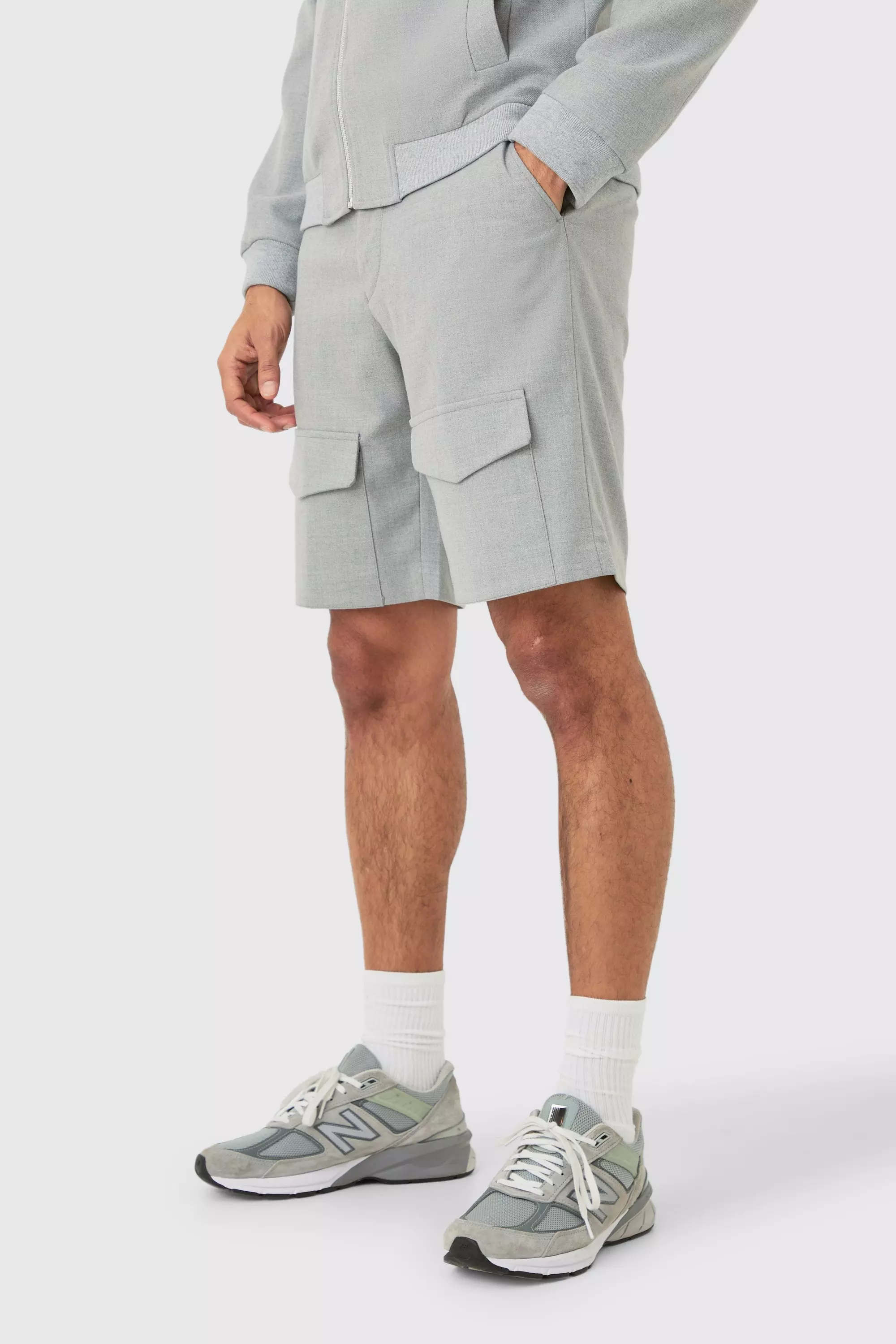 Grey Side Stripe Drawcord Waist Smart Cargo Shorts