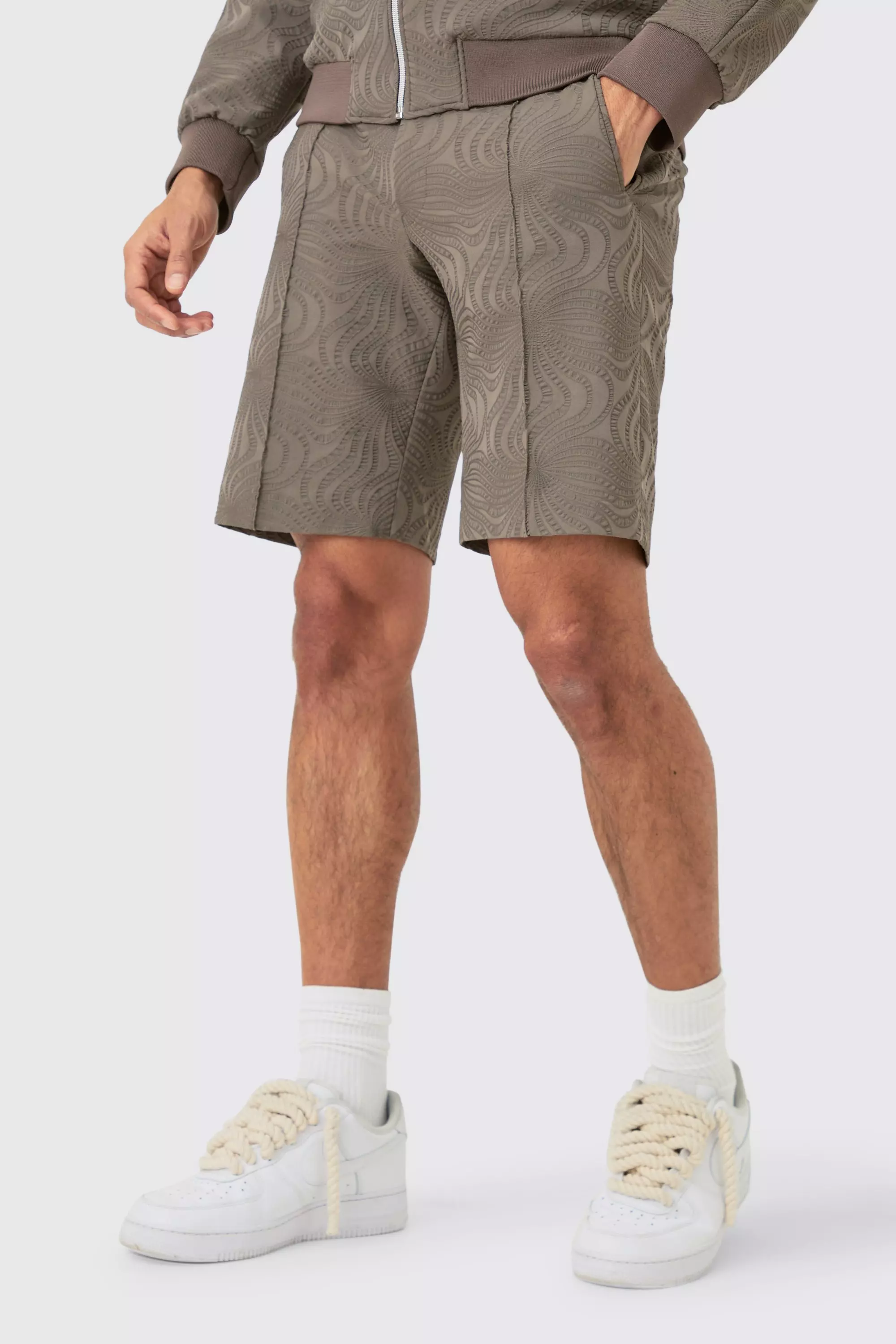 Textured Straight Fit Pintuck Tailored Shorts Mocha