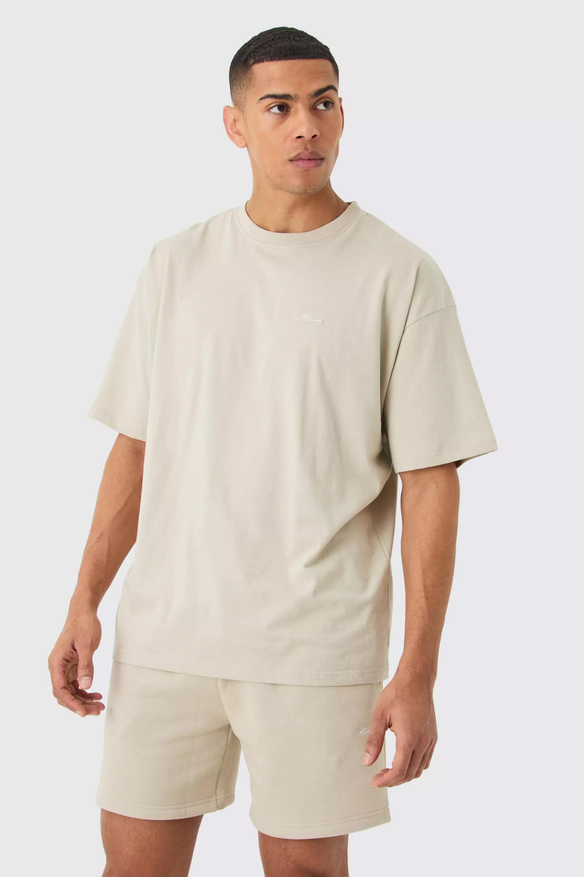 Man Signature T-shirt And Loose Short Set Stone