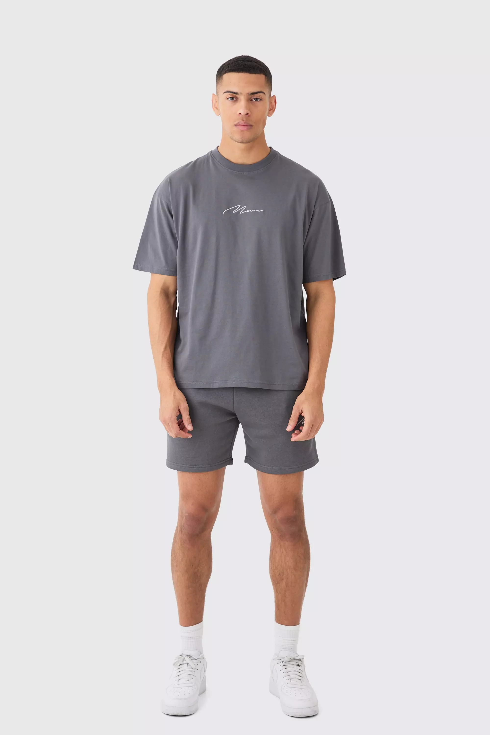 Man Signature T-shirt And Loose Short Set Charcoal