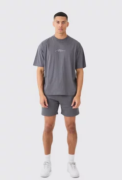 Charcoal Grey Man Signature T-shirt And Loose Short Set
