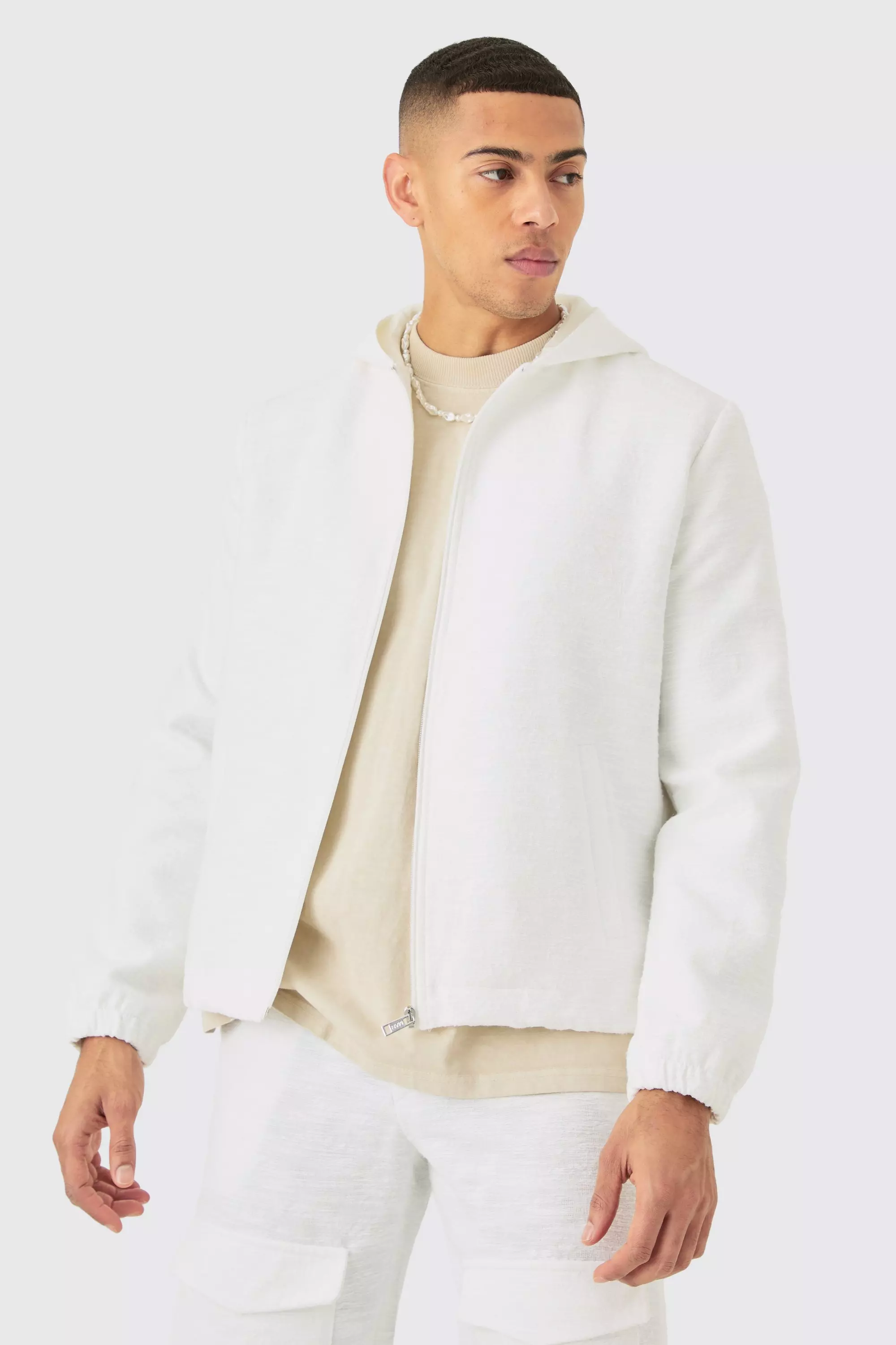 Textured Cotton Jacquard Smart Hooded Jacket White