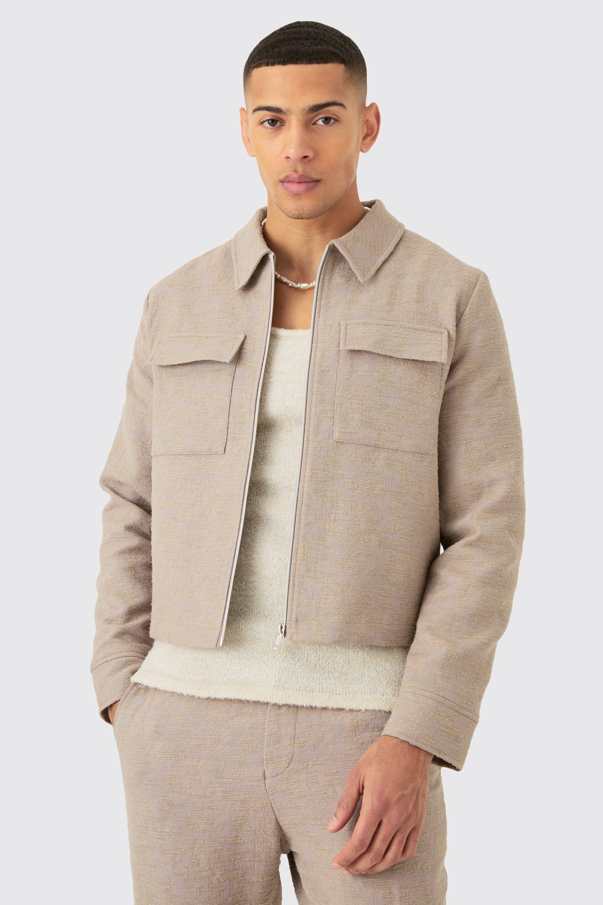 Taupe Nette Jacquard Harrington Jas Met Textuur