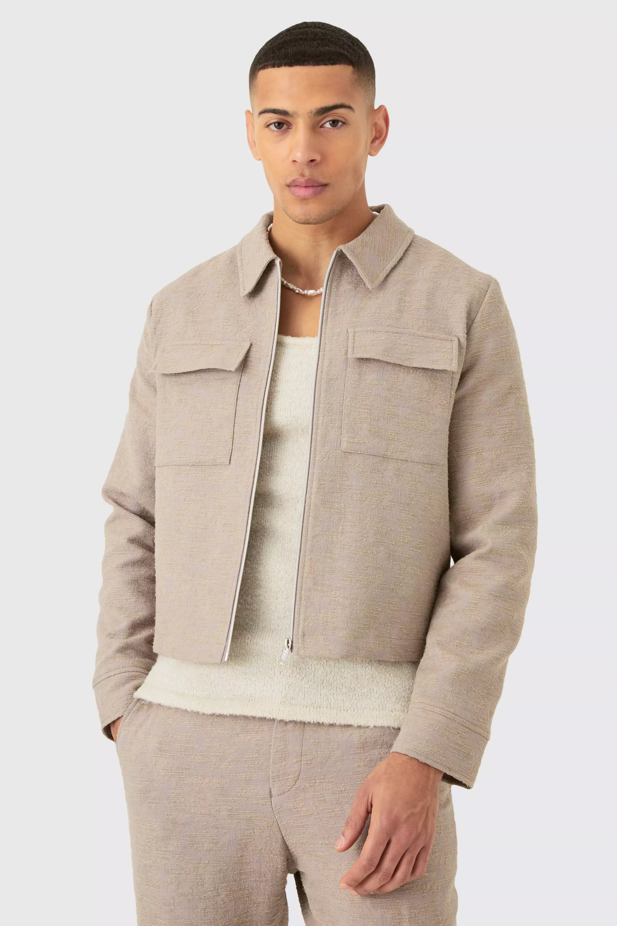 Textured Cotton Jacquard Smart Cargo Jacket Taupe