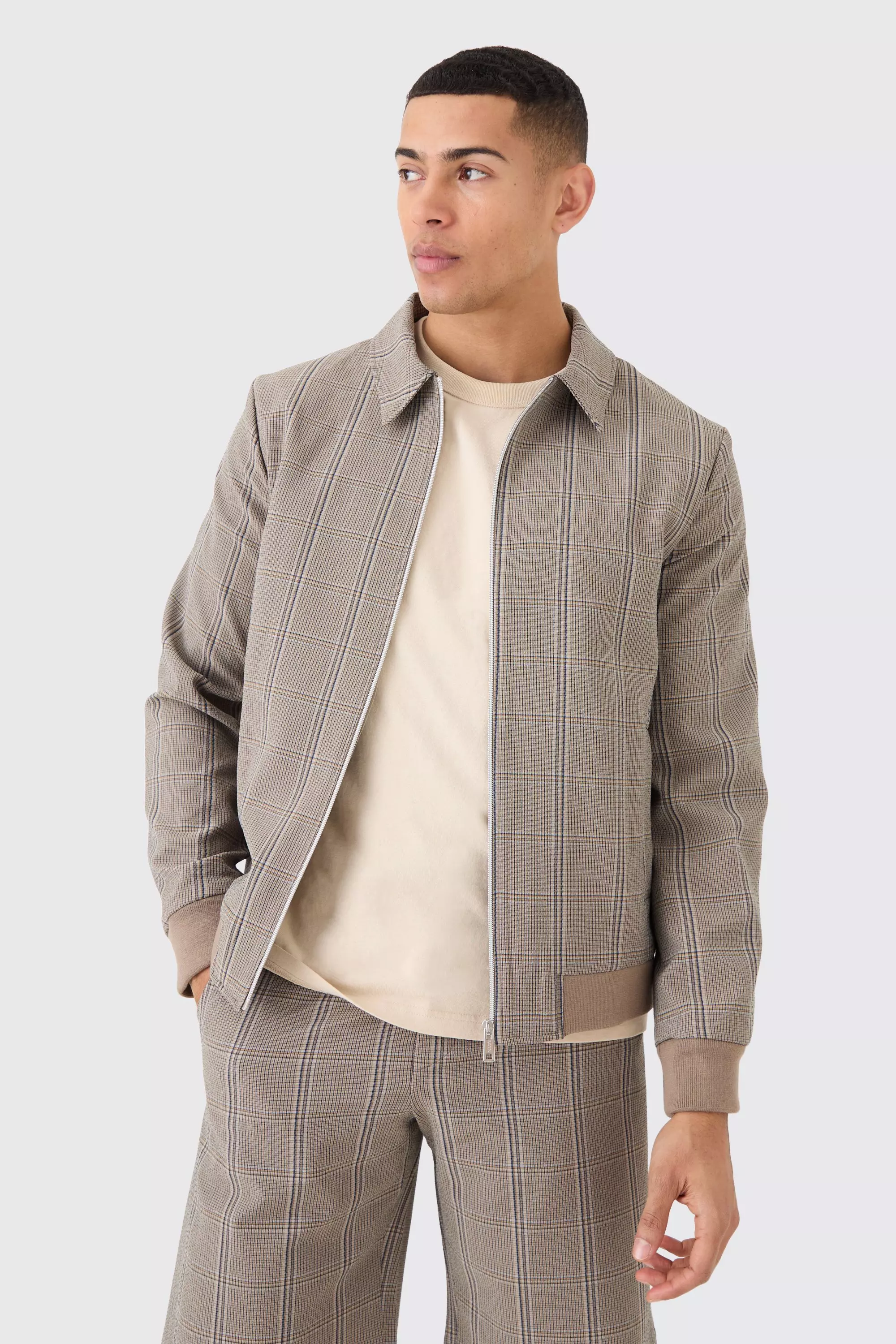 Brown Stretch Textured Check Smart Bomber Jacket alternative image