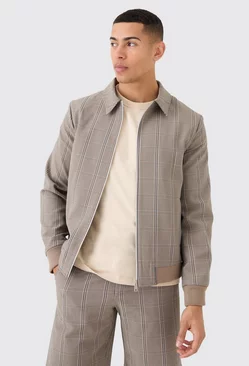 Brown Stretch Textured Check Smart Bomber Jacket