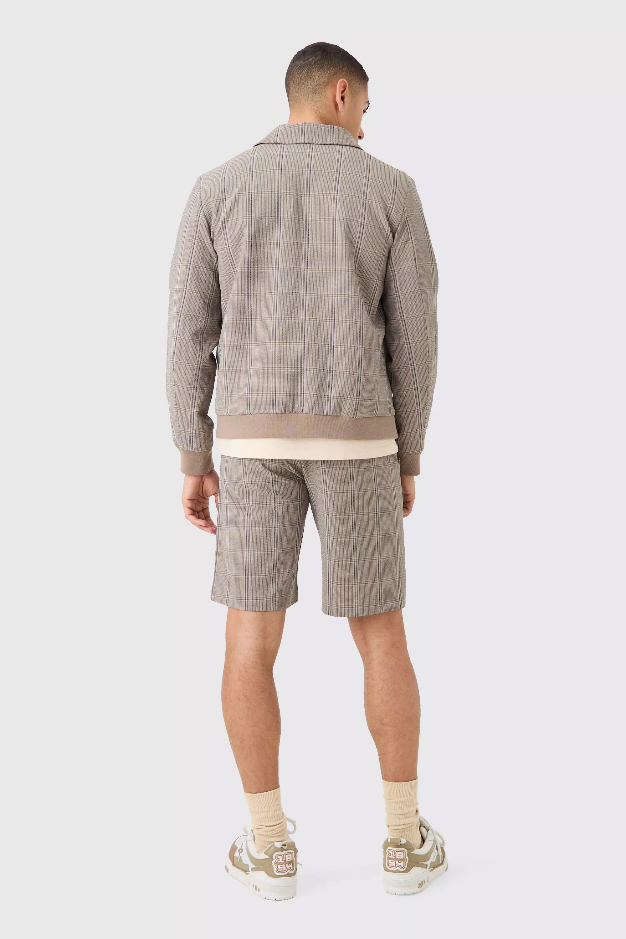 Brown Stretch Textured Check Smart Bomber Jacket alternative image