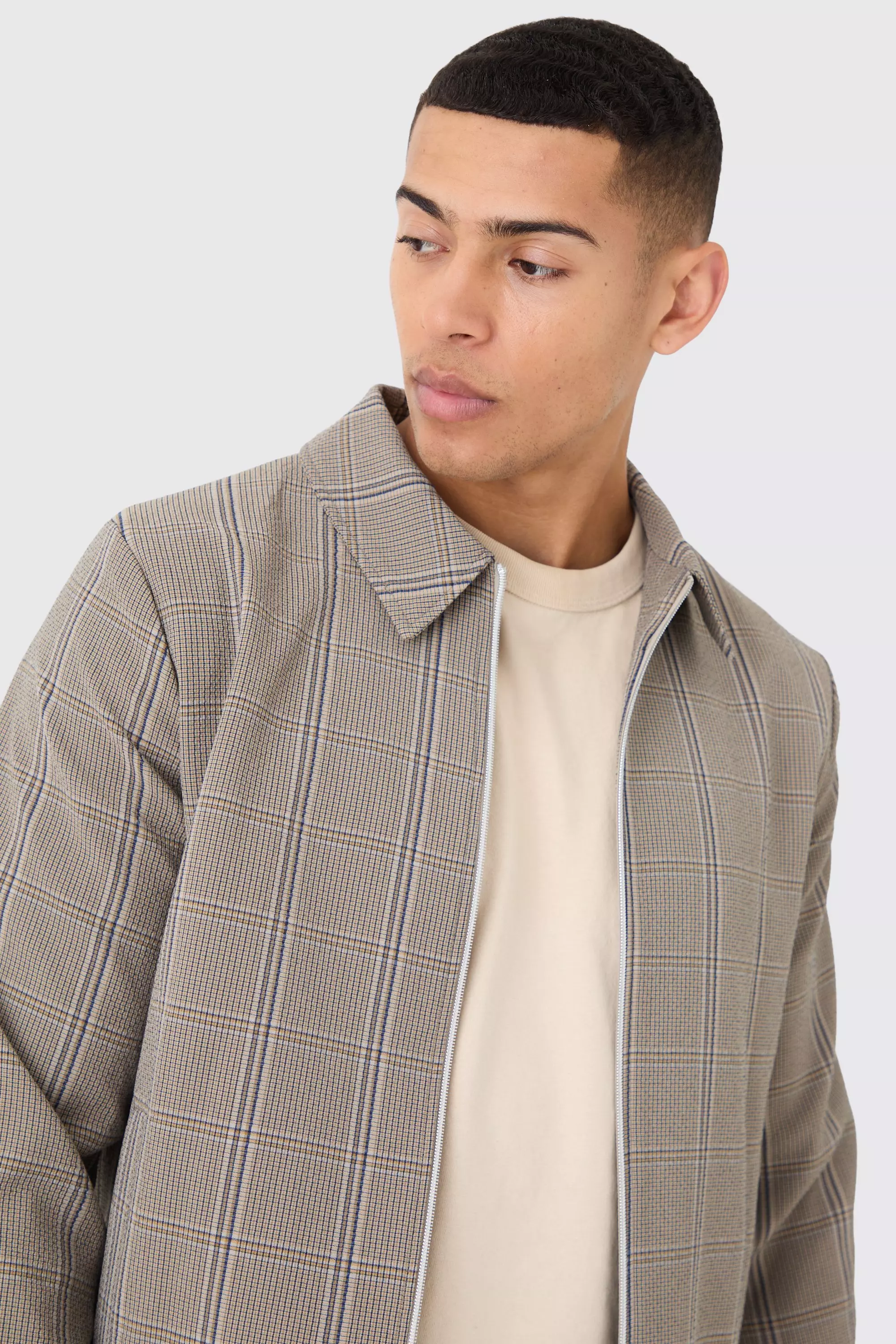 Brown Stretch Textured Check Smart Bomber Jacket alternative image