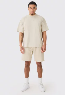 Man Oversized Extended Neck T-shirt And Relaxed Short Set Stone