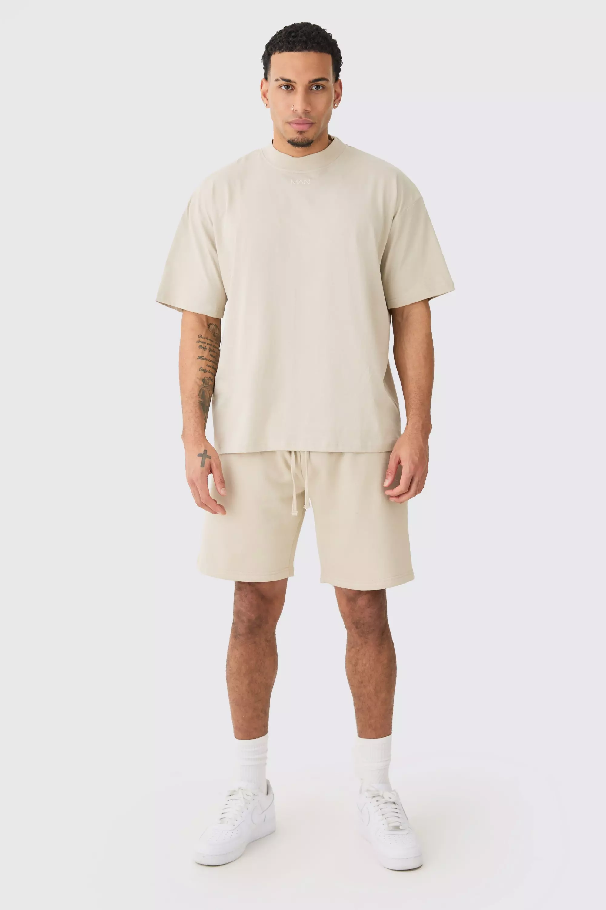 Stone Beige Man Oversized Extended Neck T-shirt And Relaxed Short Set
