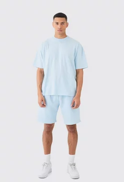 Blue Man Oversized Extended Neck T-shirt And Relaxed Short Set