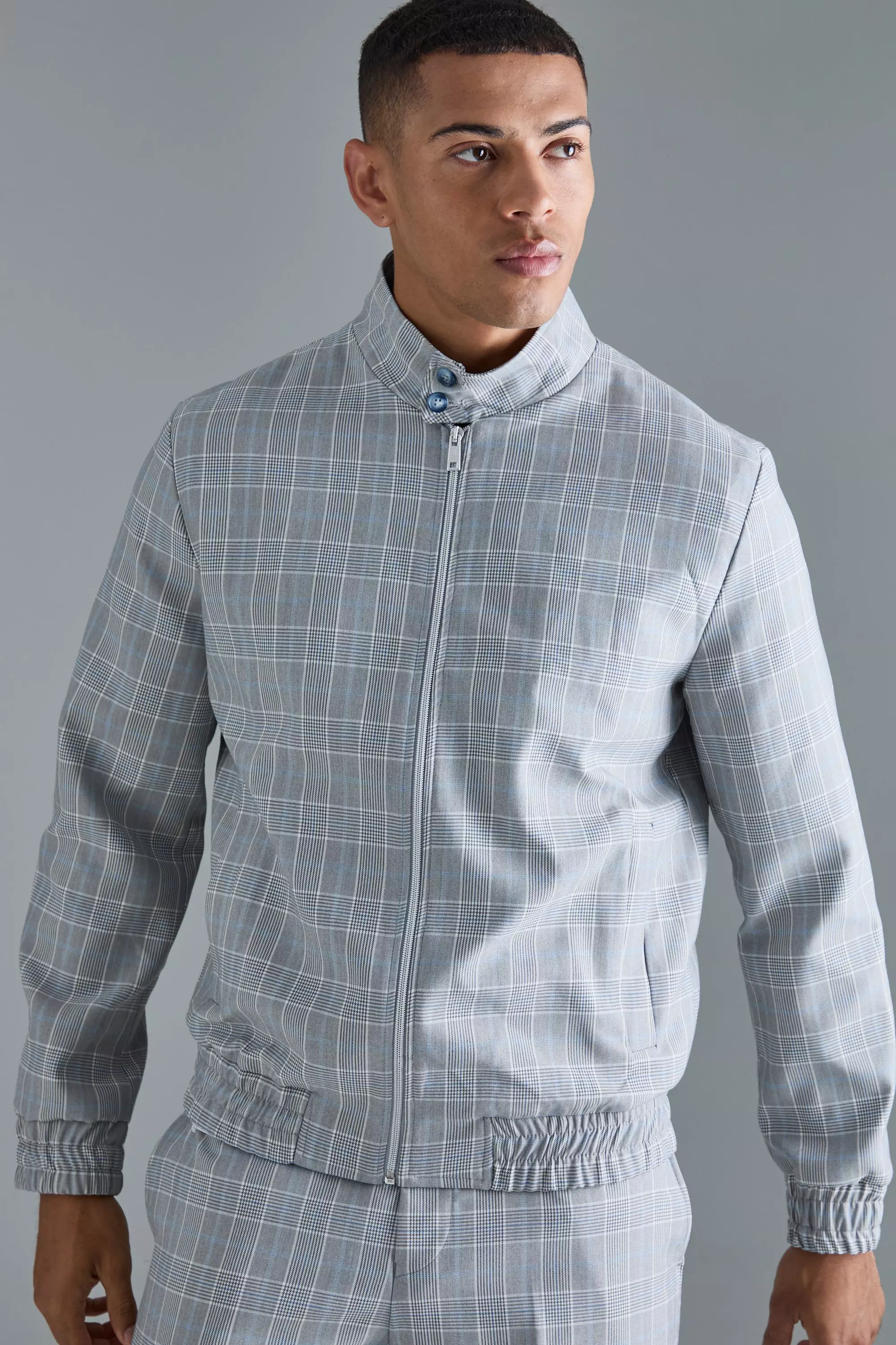 Plaid High Neck Zip Up Smart Bomber Jacket Grey