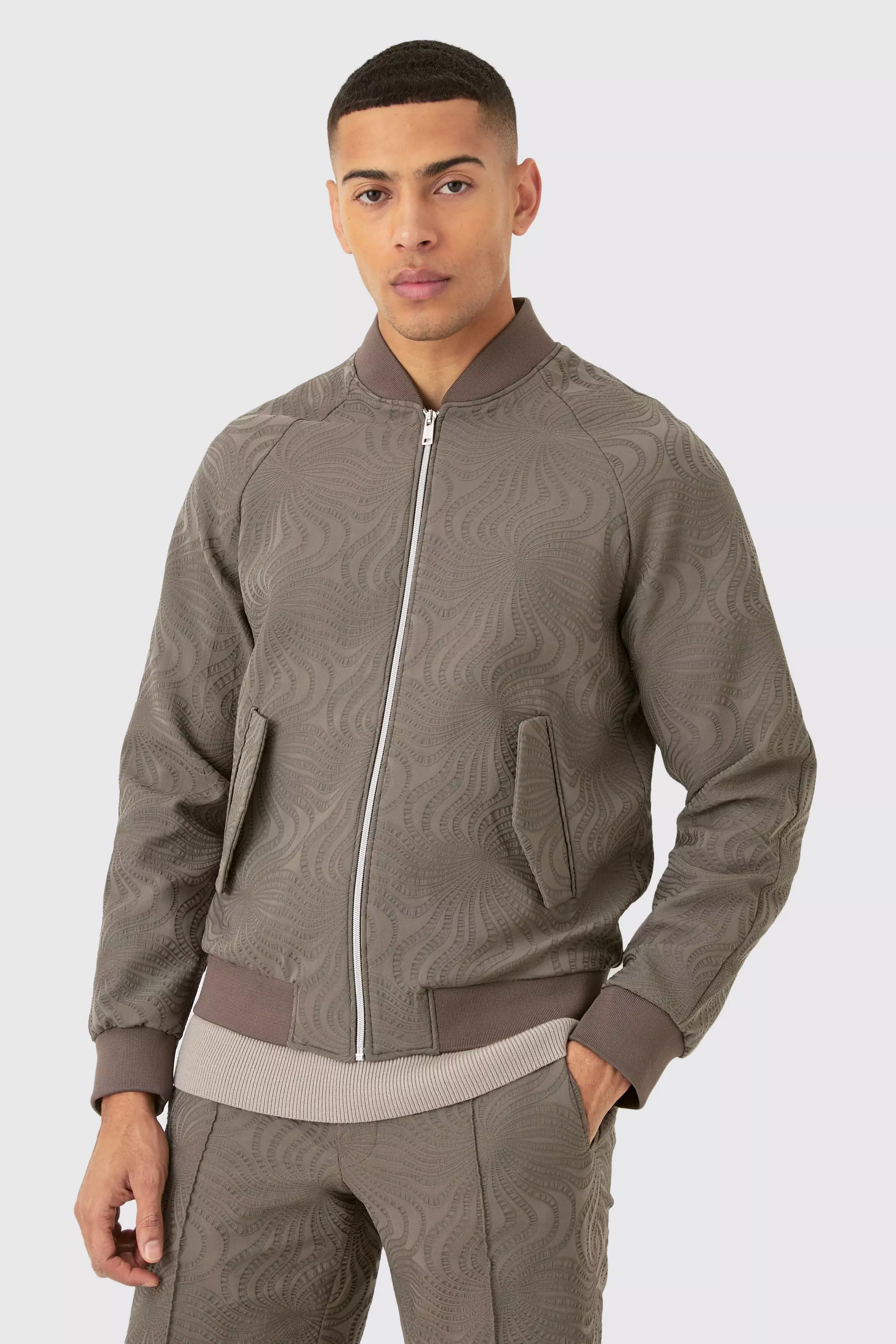 Mocha Textured Regular Fit Tailored Bomber Jacket alternative image