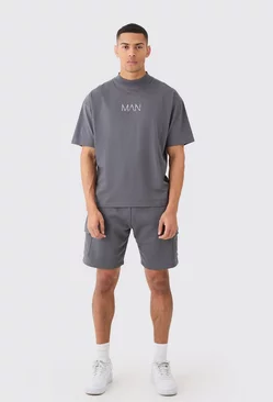 Man Oversized Extended Neck T-shirt And Cargo Short Set Charcoal