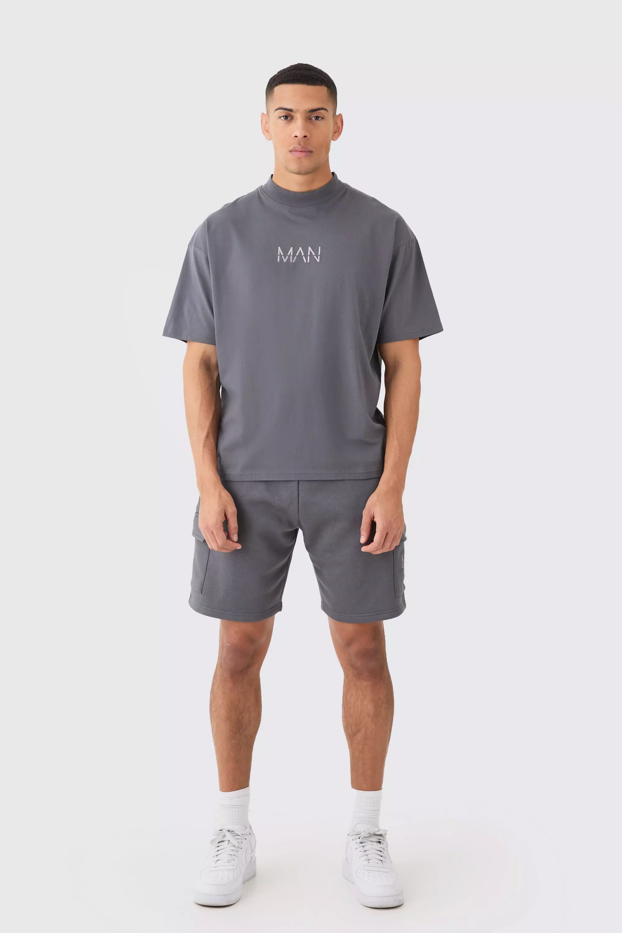 Charcoal Grey Man Oversized Extended Neck T-shirt And Cargo Short Set